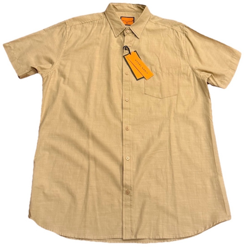 True Rock Men's Tan Short Sleeve Button Down Shirt 100% Cotton XXL